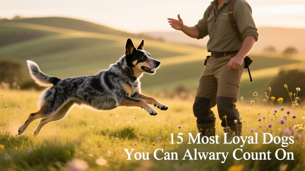 A focused Australian Cattle Dog working alongside its handler in a grassy field