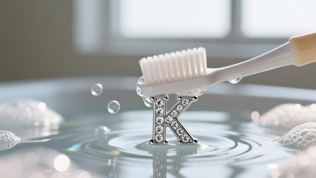 A soft-bristled baby toothbrush gently scrubbing the inner vertex of a pave diamond initial K pendant submerged in soapy water.