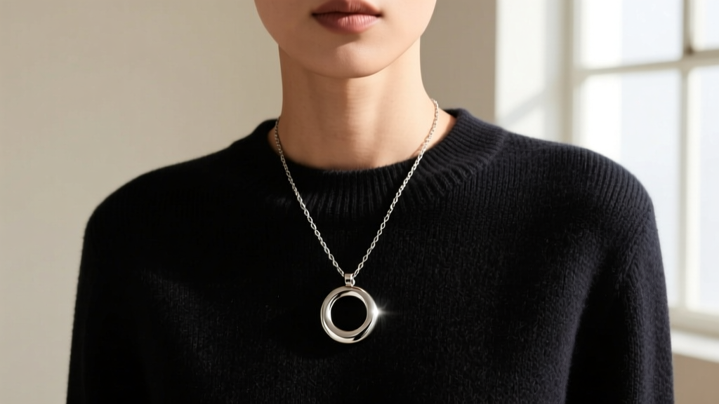 Model wearing a steel Doms necklace with a hollow dome pendant over a dark sweater, showing the lightweight metal drape and fit.