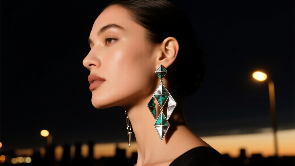 Model wearing oxidized sterling silver SAL chandelier earrings, captured in profile against a dark, moody evening background.