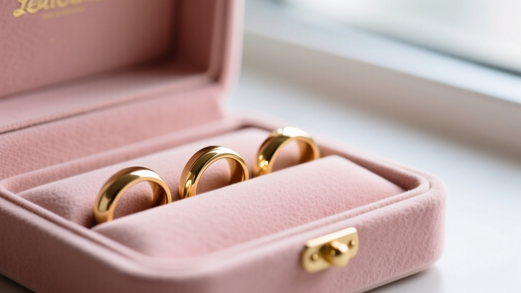 Close-up of blush pink anti-tarnish suede jewelry box insert with extra-wide 35mm ring slots holding thick gold wedding bands.