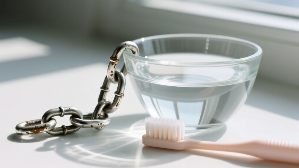 Macro shot of a tarnished sterling silver chain link beside a glass bowl of distilled water and a soft-bristled baby toothbrush.