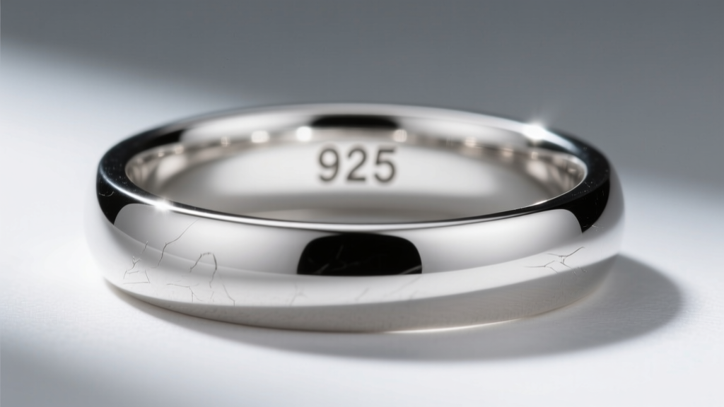 Close-up macro photography of a polished sterling silver ring band showing a crisp 925 hallmark stamp engraved on the inner shank