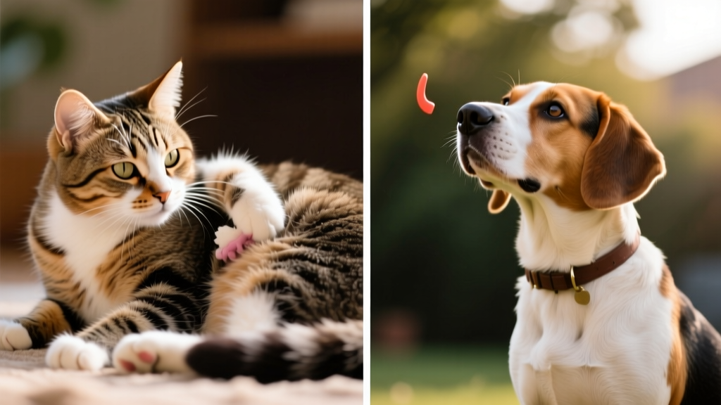 Side-by-side comparison showing a relaxed cat grooming and a dog eagerly waiting for a command