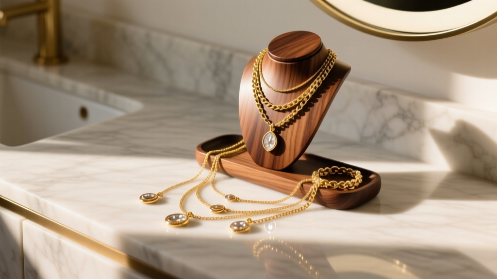 Walnut necklace bracelet holder on marble vanity displaying layered gold chains and delicate pendants in soft morning light.
