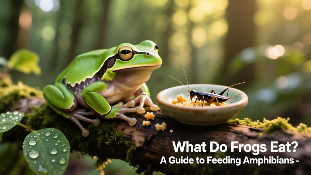 A healthy green tree frog perched on a mossy branch, next to a small dish of crickets