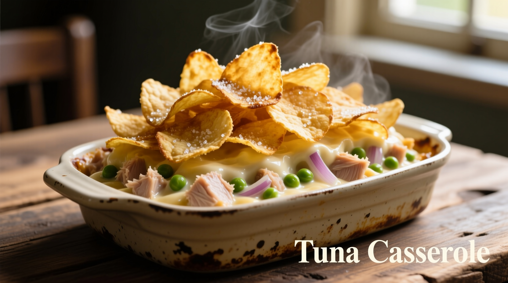 Golden tuna casserole with crispy potato chip topping