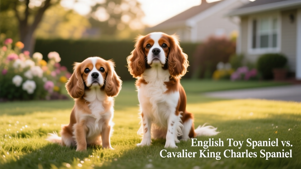 Side-by-side comparison showing an English Toy Spaniel and a Cavalier King Charles Spaniel standing calmly on a grassy lawn