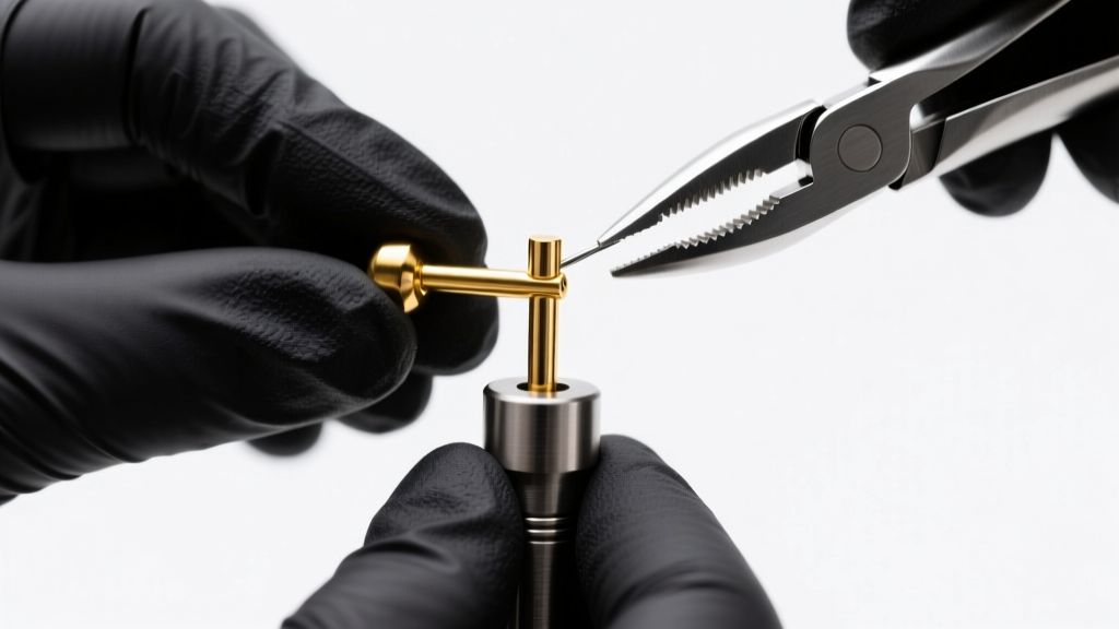 Piercer in black nitrile gloves uses hemostats to secure a 14k gold threadless end into a titanium post under bright studio lights.
