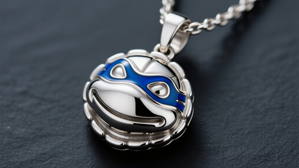 Close-up of a custom 925 sterling silver Leonardo ninja turtle necklace pendant with vitreous blue enamel mask on dark slate