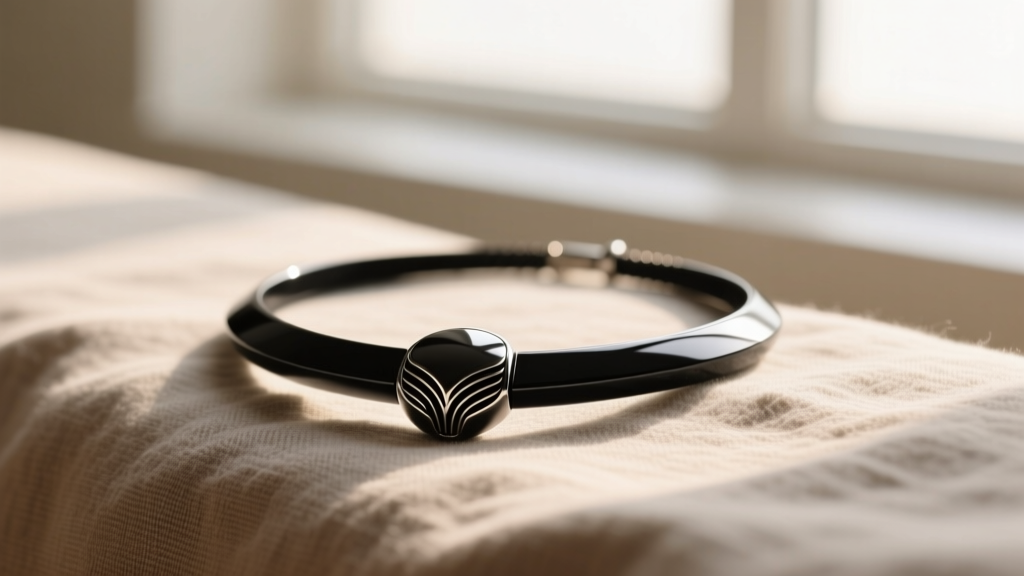 Close-up of a matte black stainless steel BreatheFree diffuser necklace resting on soft linen in bright natural light