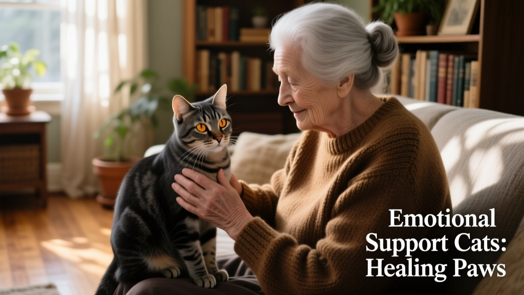 A dark gray cat being gently stroked by an elderly woman