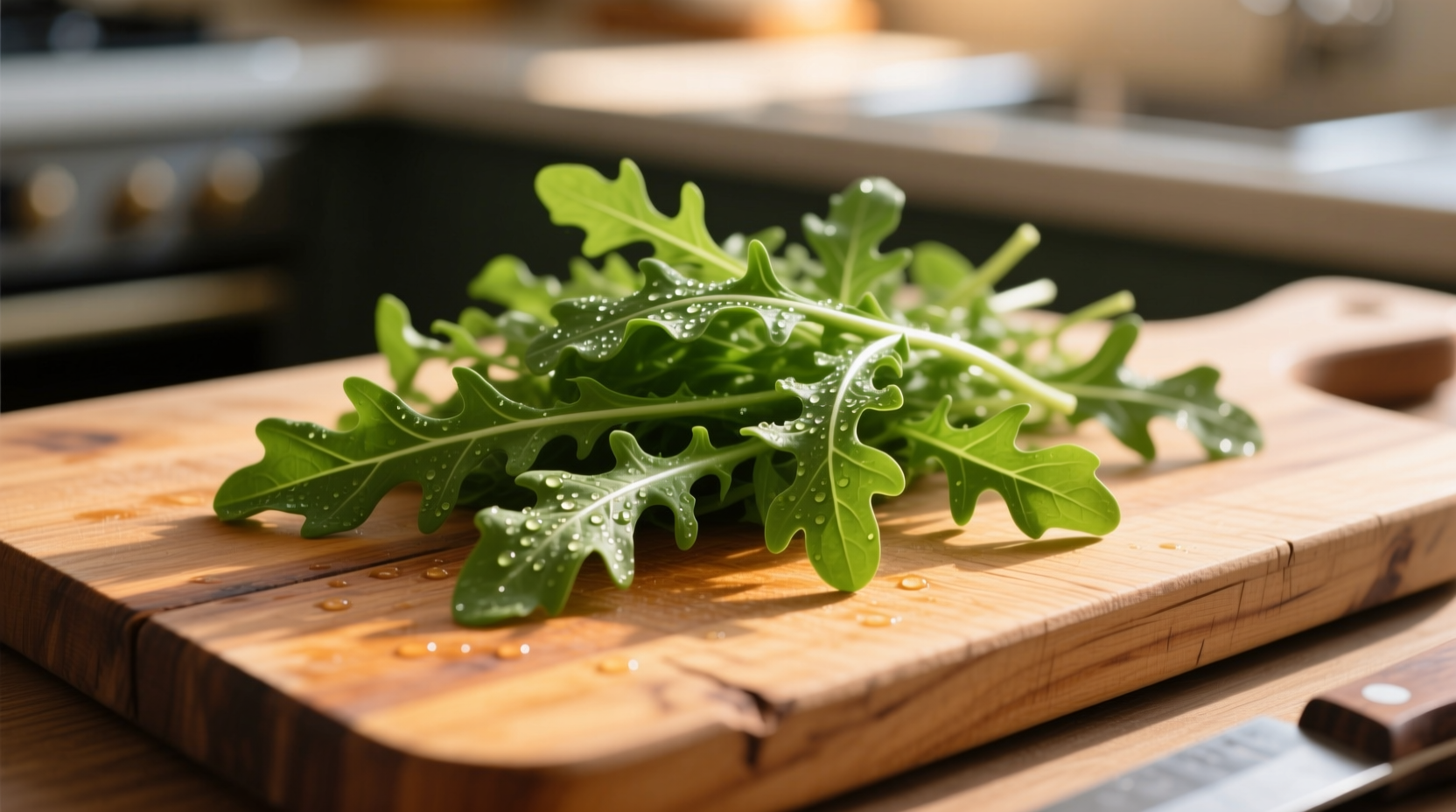 Fresh rocket leaves on wooden cutting board
