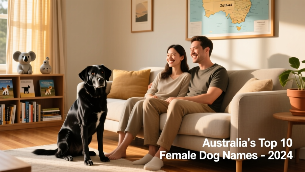 Black dog sitting calmly beside a couple on a sofa at home