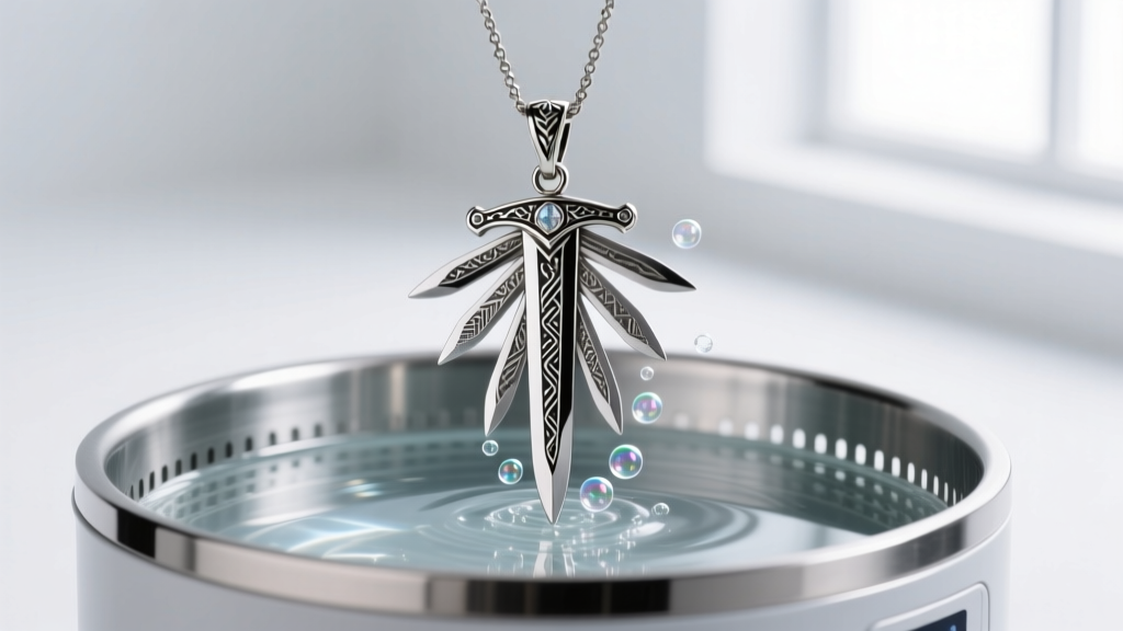 Jeweler ultrasonic cleaner basket holding a complex multi-sword steel pendant, with gentle cavitation bubbles visible in the fluid.
