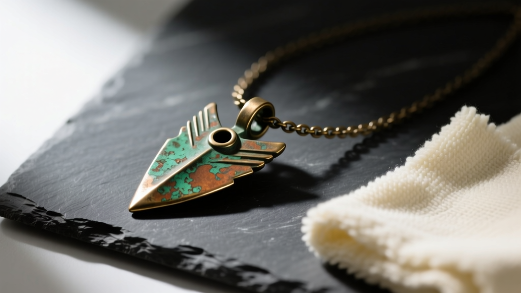 Close-up of a weathered bronze arrowhead necklace for men resting on dark slate with a soft microfiber polishing cloth nearby.