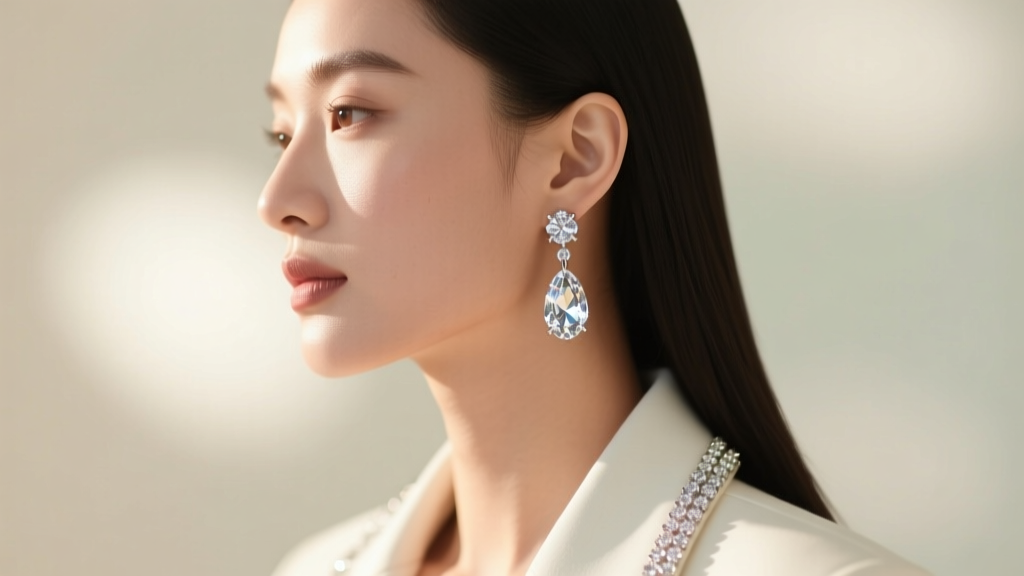 Side profile of a woman wearing a crystal jacket earring, showing the detachable drop against a softly blurred background