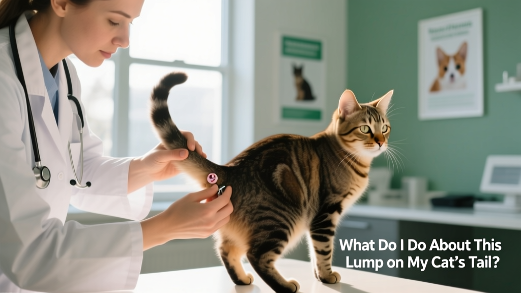 Veterinarian gently examining a cat's tail during a routine checkup