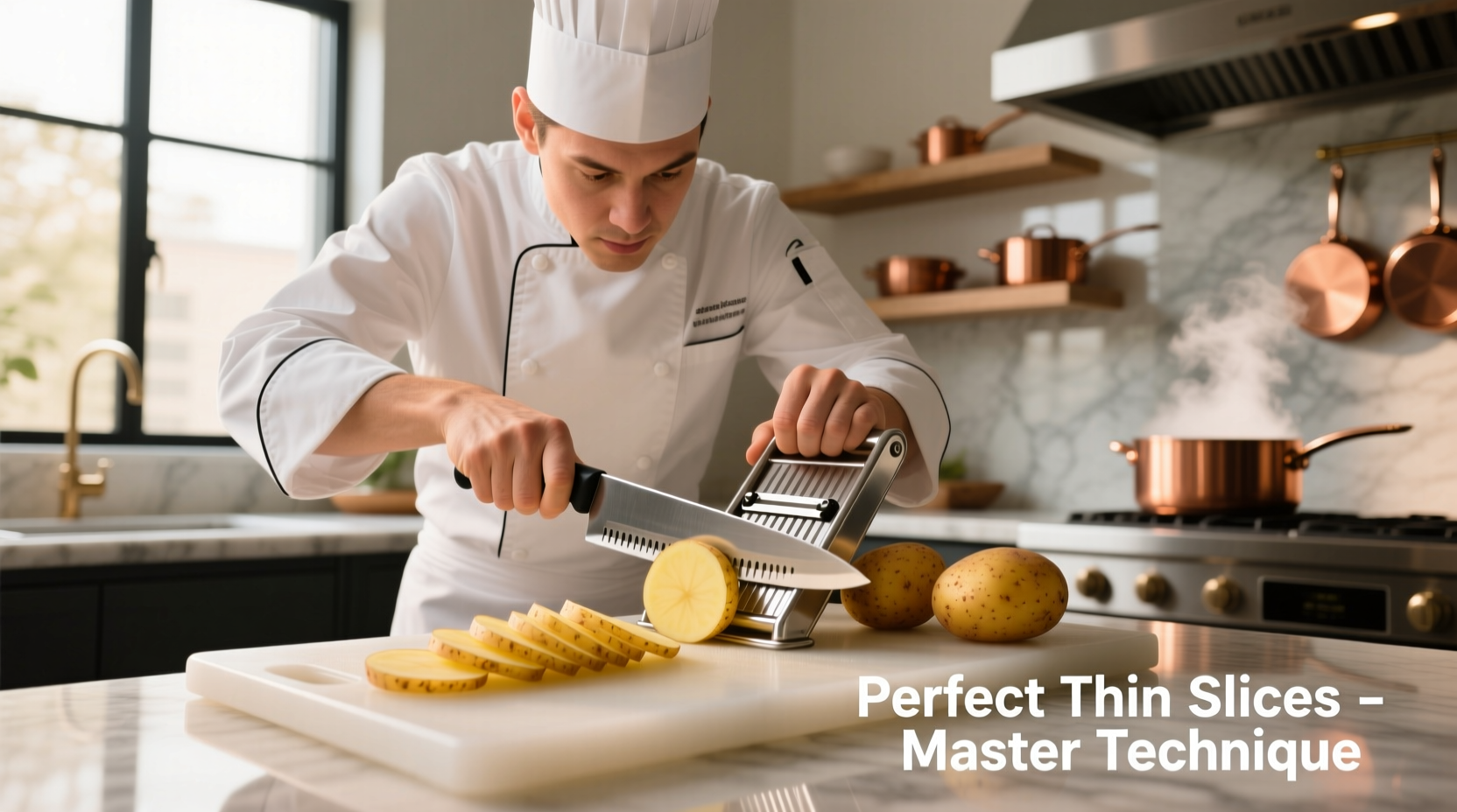 Professional chef using mandoline slicer for perfect potato chips
