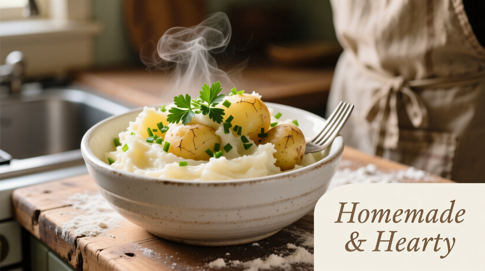 Homemade mashed potatoes in a white bowl with fresh herbs