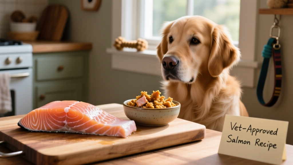 A fresh, skinless salmon fillet on a cutting board beside a bowl of cooked salmon flakes for a dog