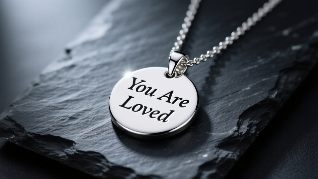 Sterling silver you are loved necklace pendant on dark slate, showing laser-engraved text under soft studio lighting.