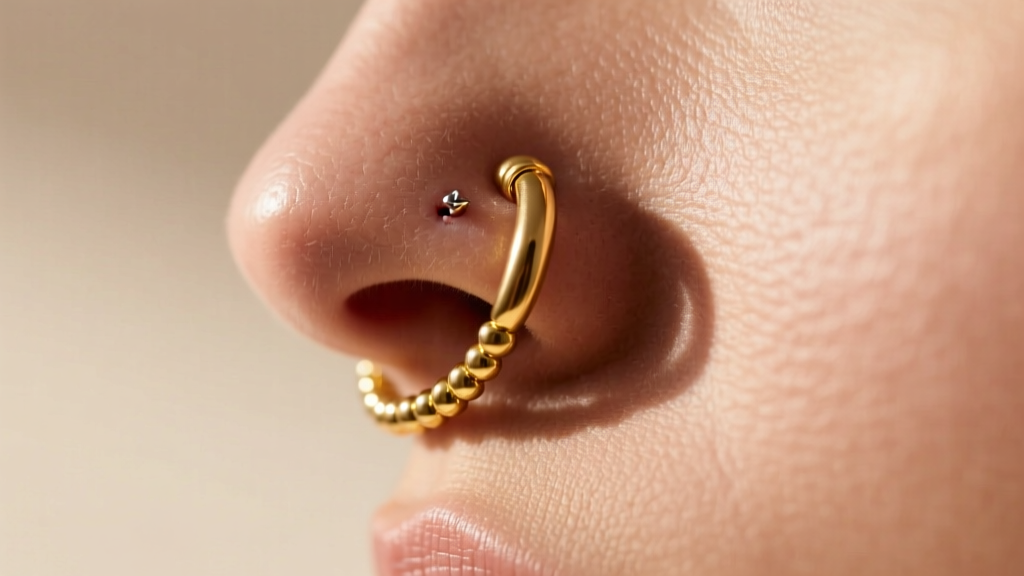 Side profile of a 14k solid yellow gold nose hoop inserted in a healed nostril piercing, highlighting the seamless bead closure