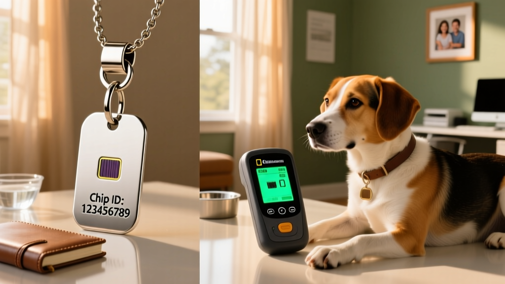 Side-by-side comparison of a collar ID tag and a microchip scanner reading a dog's implanted chip