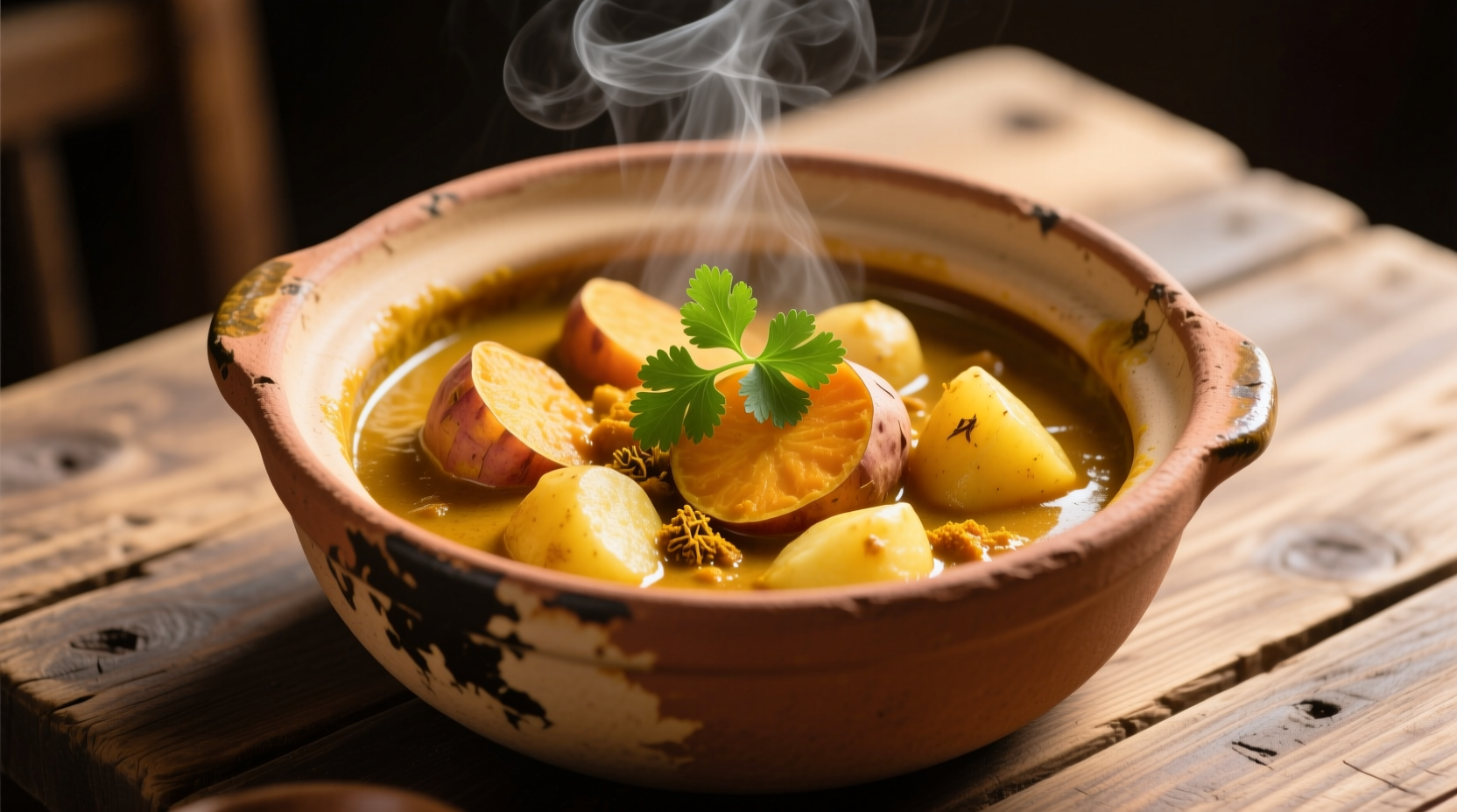 Golden sweet potato and potato curry in clay pot