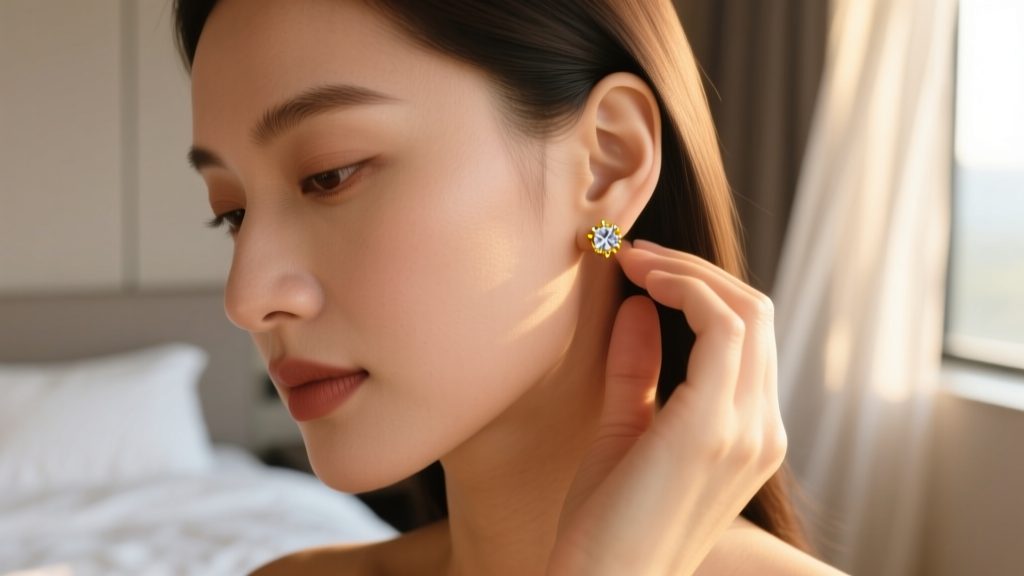 Close-up of a woman holding her earlobe with a delicate 14k yellow gold diamond stud earring under soft, warm bedroom lighting.