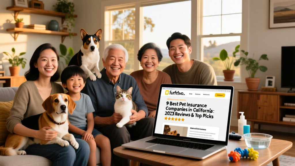 A diverse group of California pet owners—families, seniors, and young adults—with dogs and cats, smiling confidently beside a laptop showing the furpetvo.com homepage