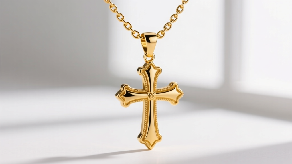 A 6mm Figaro chain threading through the oversized bail of a large 18k gold cross pendant, demonstrating a proper proportional fit