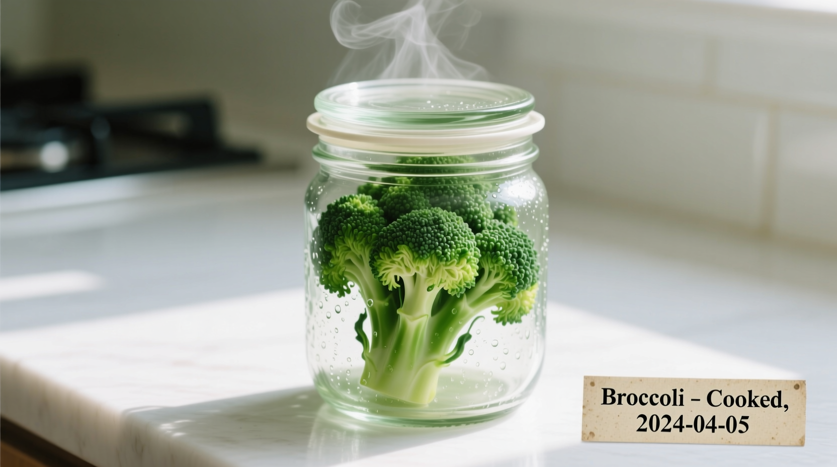 Properly stored cooked broccoli in glass container