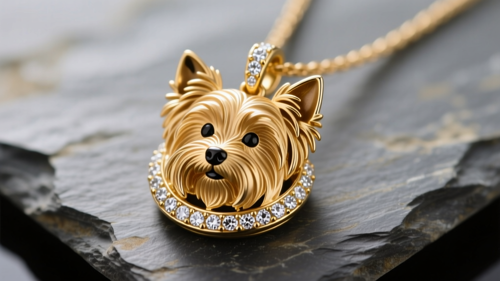 Macro shot of a 14k gold Yorkshire Terrier pendant on slate, highlighting micro-pave diamond collar and fur texture.