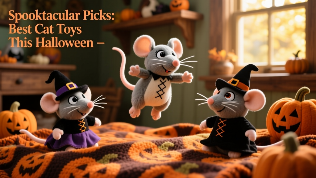 Three plush Sanderson Sisters mice scattered on a pumpkin-patterned blanket, one batted mid-air