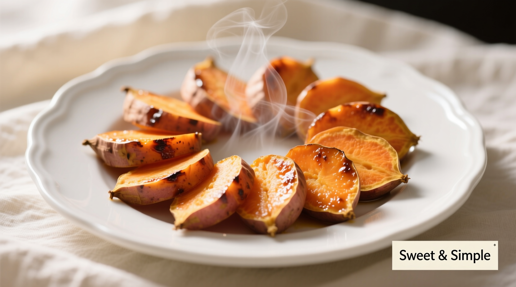 Perfectly cooked sweet potato slices on white plate
