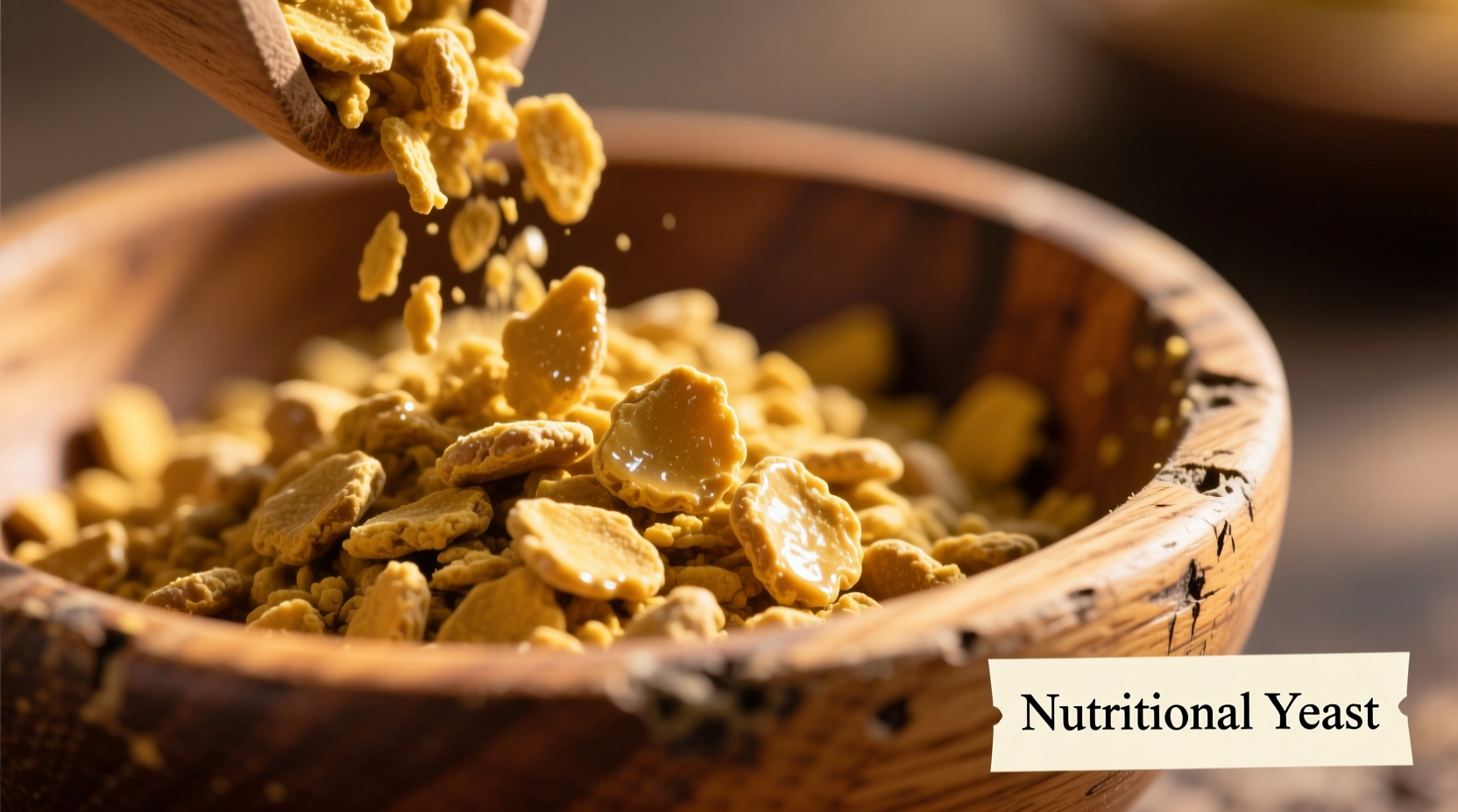 Close-up of golden nutritional yeast flakes in wooden bowl