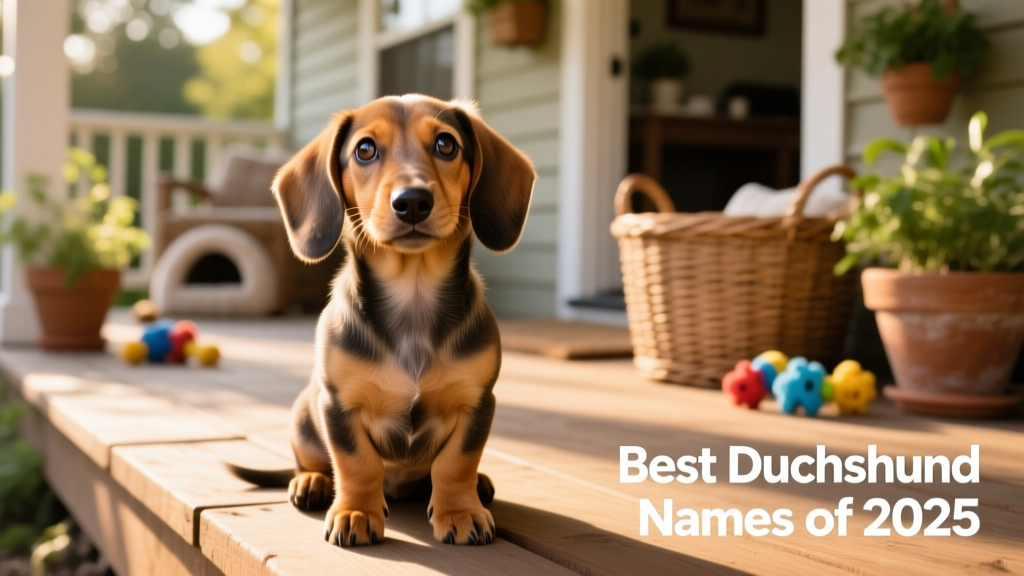 A playful Dachshund puppy sitting upright with bright, curious eyes and a soft coat