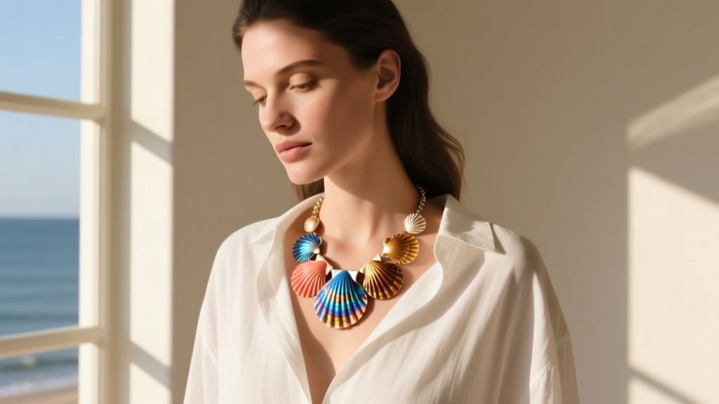 Woman wearing a colorful seashell necklace over a white shirt, vibrant shells resting on her collarbone in soft natural sunlight.