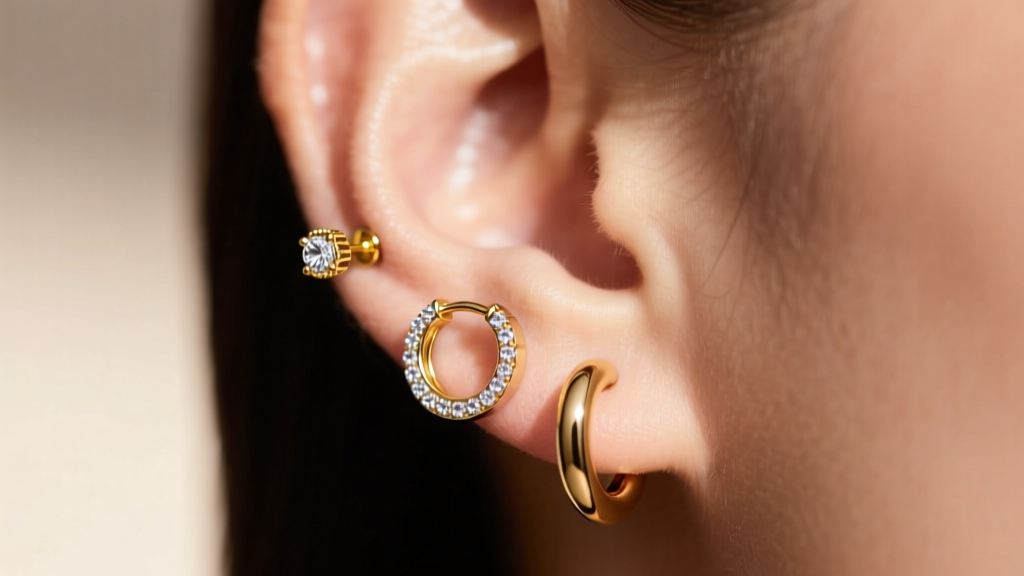 Macro shot of an ear wearing a capsule earring kit with a 14k gold threadless stud, diamond huggie, and seamless gold hoop