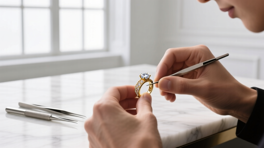 Jeweler's hands using precision tweezers to align a 3mm 14k gold jump ring on a copper welding jig under warm studio lighting.