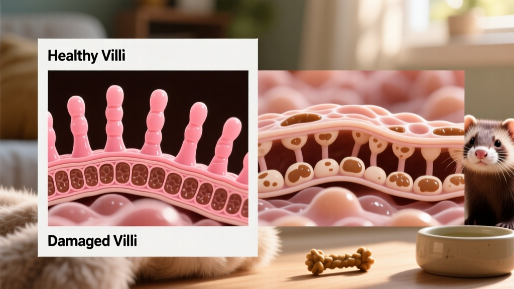 Microscopic image showing healthy ferret intestinal villi vs. flattened, damaged villi