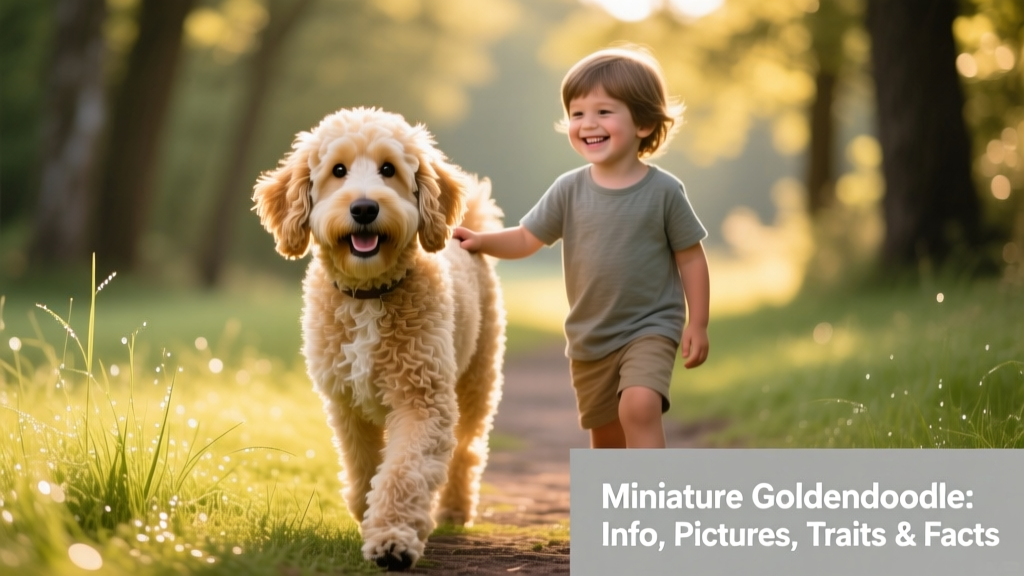 An adult Miniature Goldendoodle walking beside a child on a grassy path, both smiling, highlighting their friendly, approachable demeanor
