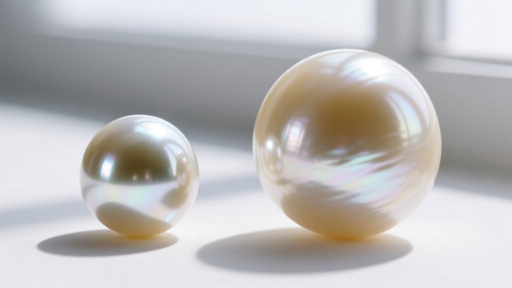Macro shot comparing the sharp mirror luster of an Akoya pearl beside the soft, satiny glow of a large white South Sea pearl