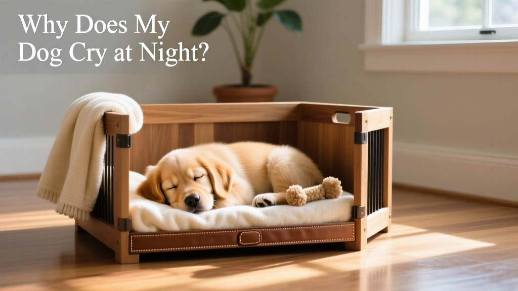 A puppy sleeping alone in a well-appointed crate with a soft blanket and chew toy