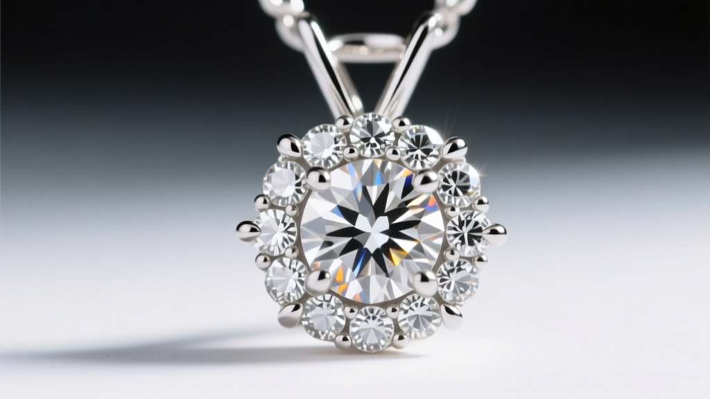 Macro view of a 14k white gold diamond pendant showing brilliant round melee stones secured in a delicate four-prong setting