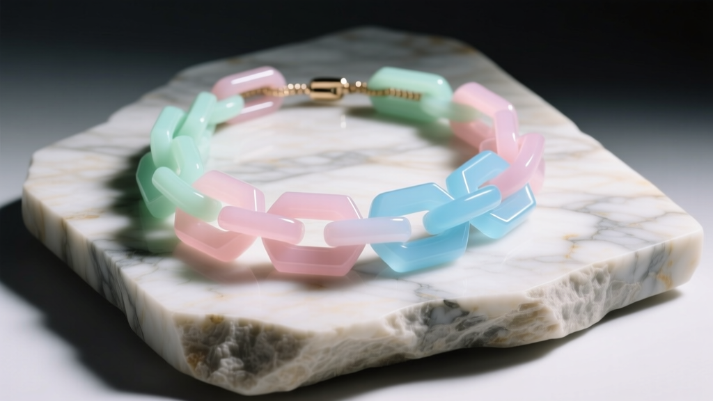 Chunky Marni cast resin necklace featuring oversized pastel geometric links resting on raw marble under soft, diffused studio lighting.