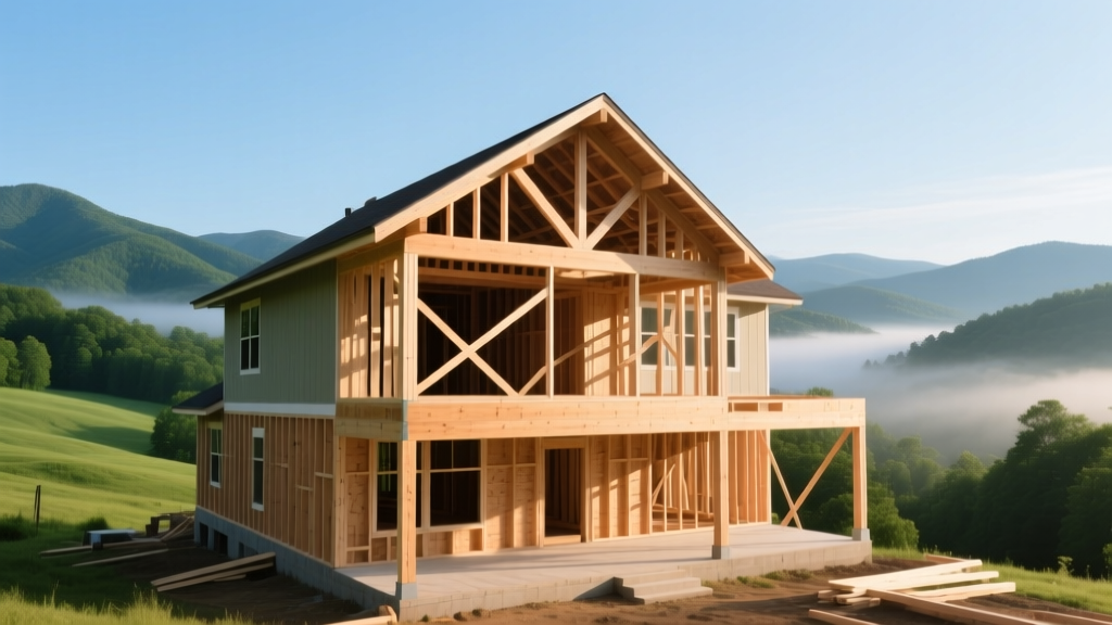 Two-story craftsman home under construction in East Tennessee showing exposed wood framing against the Smoky Mountains