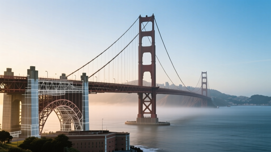 Blueprint overlaying Golden Gate Bridge steel suspension cables and concrete anchorages against a foggy San Francisco bay backdrop