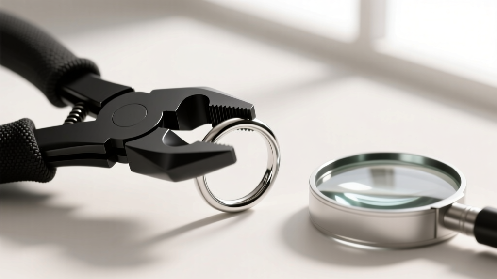 Nylon jaw pliers gripping a 20-gauge silver jump ring, alongside a 10x jeweler
